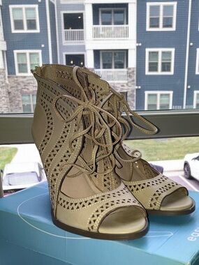 Restricted Taupe Lace-Up Cutout Wedge Sandals